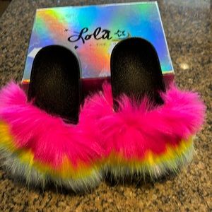 Skittles Faux Fur Slides -NEW